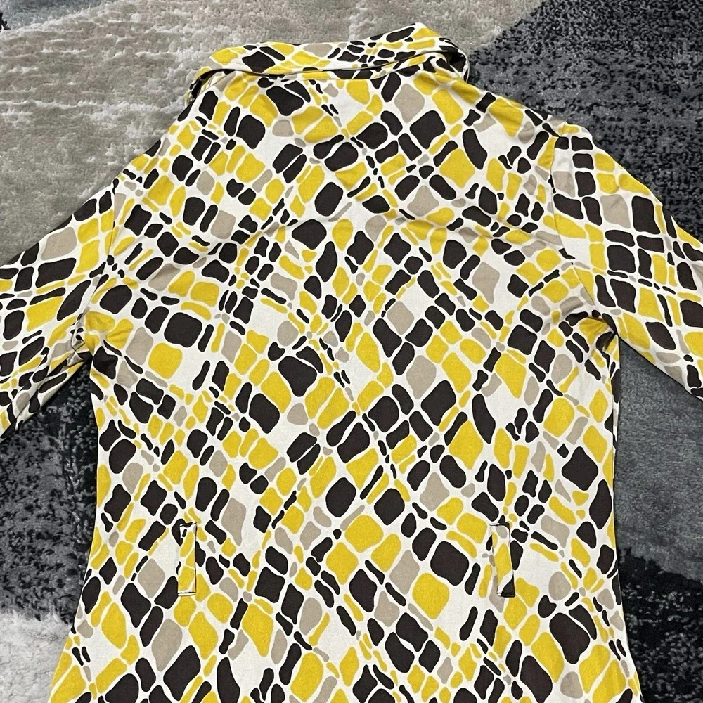 Tory Burch 100% Silk Dress Women Small Yellow‎ Geometric 3/4 Sleeve Button Knee
